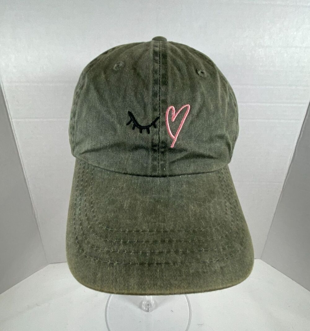 Port & Company Hat Olive Green Winking Eye Pink Heart Embroidered Dad Cap OSFA